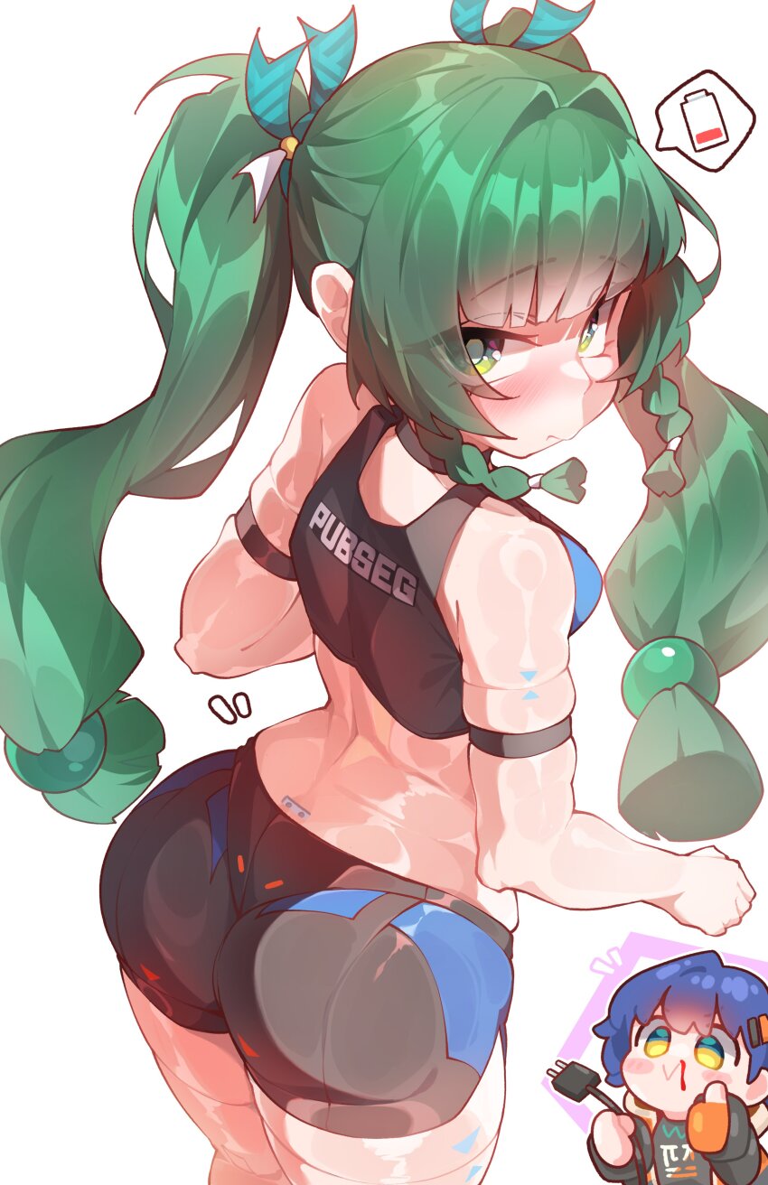 2girls, absurdres, ass, belle_(zenless_zone_zero), black_shorts, blue_eyes, commentary, english_commentary, green_eyes, green_hair, highres, long_hair, looking_at_viewer, multiple_girls, orcavice, qingyi_(zenless_zone_zero), short_hair, shorts, simple_background, twintails, white_background, zenless_zone_zero