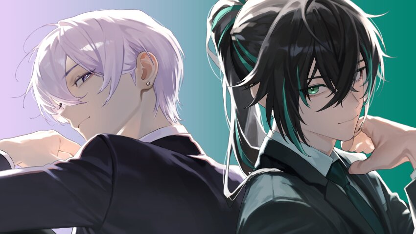 2boys, black_hair, black_suit, closed_mouth, earrings, formal_clothes, gradient_background, green_eyes