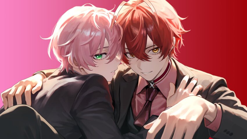 2boys, antenna_hair, black_jacket, blonde_hair, gradient_background, green_eyes, hair_between_eyes, hand_on_another's_back