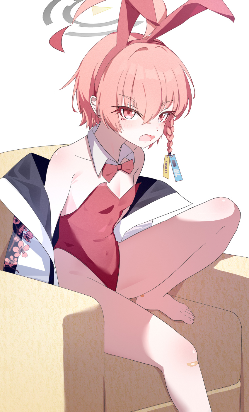 1girl, absurdres, ahoge, animal_ear_hairband, animal_ears, astnya, asymmetrical_hair, barefoot, black_halo, blue_archive, bow, bowtie, braid, breasts, commentary_request, couch, detached_collar, fake_animal_ears, hairband, halo, highres, huge_ahoge, jacket, leotard, mole, mole_under_each_eye, mole_under_eye, multiple_moles, neru_(blue_archive), neru_(bunny)_(blue_archive), orange_hair, playboy_bunny, print_jacket, rabbit_ears, red_bow, red_bowtie, red_eyes, red_leotard, short_hair, simple_background, single_braid, small_breasts, solo, strapless, strapless_leotard, sukajan, white_background
