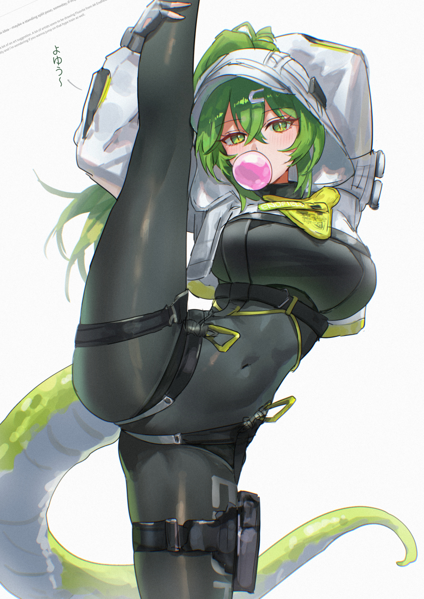 1girl, absurdres, arknights, arknights:_endfield, arm_behind_head, black_bodysuit, blowing_bubble_gum, blush, bodysuit, breasts, chewing_gum, commentary, covered_navel, cropped_jacket, english_commentary, fingerless_gloves, fluorite_(arknights), gloves, green_eyes, green_hair, hair_between_eyes, highres, hood, hood_up, jacket, long_hair, long_sleeves, looking_at_viewer, open_clothes, open_jacket, ponytail, simple_background, slit_pupils, snake_tail, solo, split, standing, standing_on_one_leg, standing_split, tail, uof, white_background, white_jacket