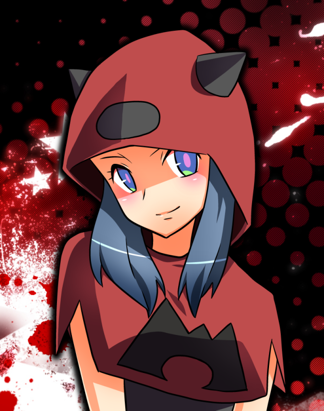 00s, 1girl, bad_id, bad_pixiv_id, bazumi, blue_eyes, blue_hair, dawn_(pokemon), female_focus, hood, horns, looking_at_viewer, matching_hair/eyes, multicolored_eyes, nintendo, pokemon, pokemon_ruby/sapphire/emerald, red_theme, smile, solo, team_magma, team_magma_grunt, upper_body