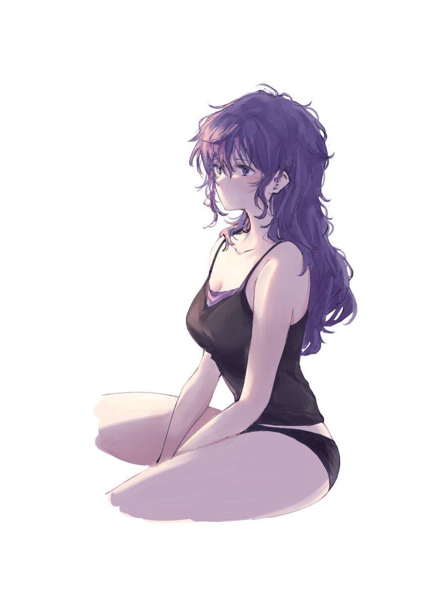 1girl, asahina_mafuyu, bare_shoulders, black_camisole, black_panties, breasts, camisole, cleavage, closed_mouth, collarbone, cropped_legs, highres, l9525, large_breasts, long_hair, messy_hair, panties, project_sekai, purple_eyes, purple_hair, sidelocks, simple_background, sitting, solo, underwear, white_background