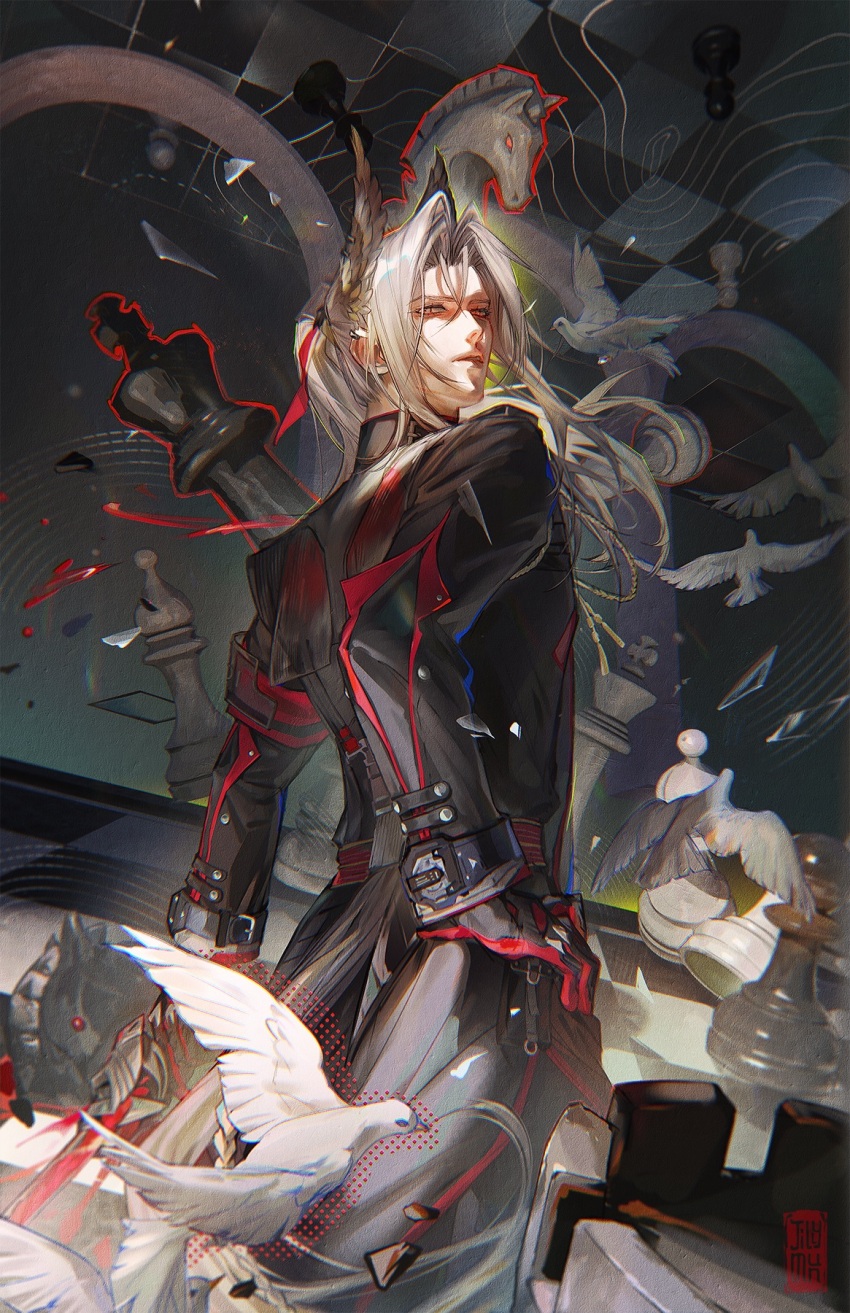 1boy, animal_ears, arknights, arknights:_endfield, bird, black_coat, black_gloves, chess_piece