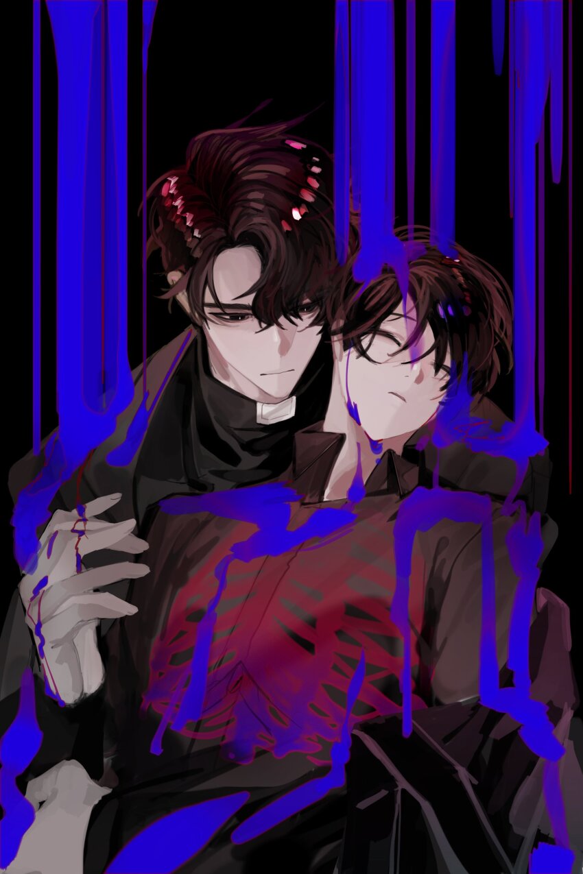2boys, absurdres, black_coat, black_hair, black_shirt, blue_liquid, closed_eyes, coat
