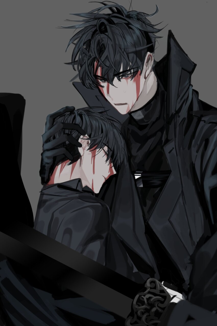 2boys, absurdres, black_coat, black_gloves, black_hair, black_shirt, blood, blood_from_forehead, blood_on_face, coat, collared_shirt, commentary_request, gloves, hand_on_another's_head, hayu_beck, head_on_another's_shoulder, highres, holding, holding_sword, holding_weapon, kim_dokja, korean_commentary, looking_at_viewer, male_focus, multiple_boys, omniscient_reader's_viewpoint, open_clothes, open_coat, popped_collar, protecting, shirt, short_hair, sword, weapon, yoo_joonghyuk