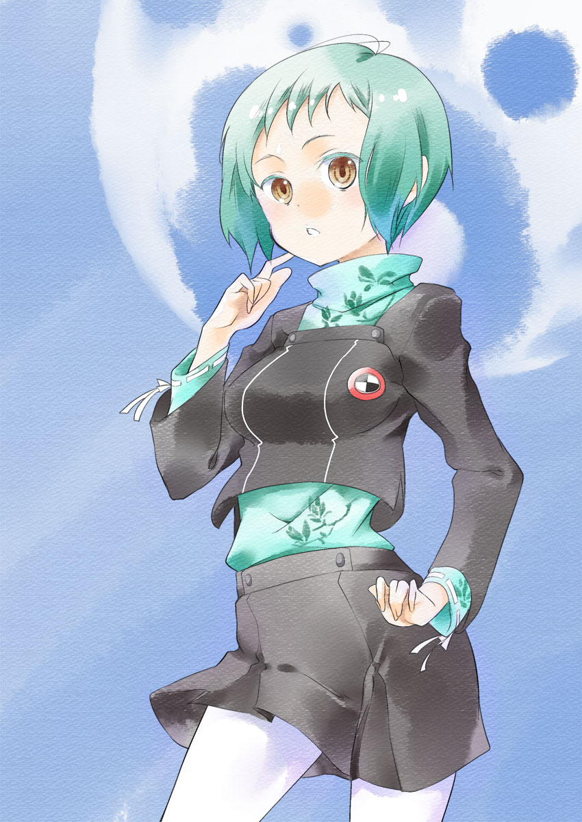 1girl, aqua_hair, atlus, black_skirt, breasts, brown_eyes, female_focus, gradient_background