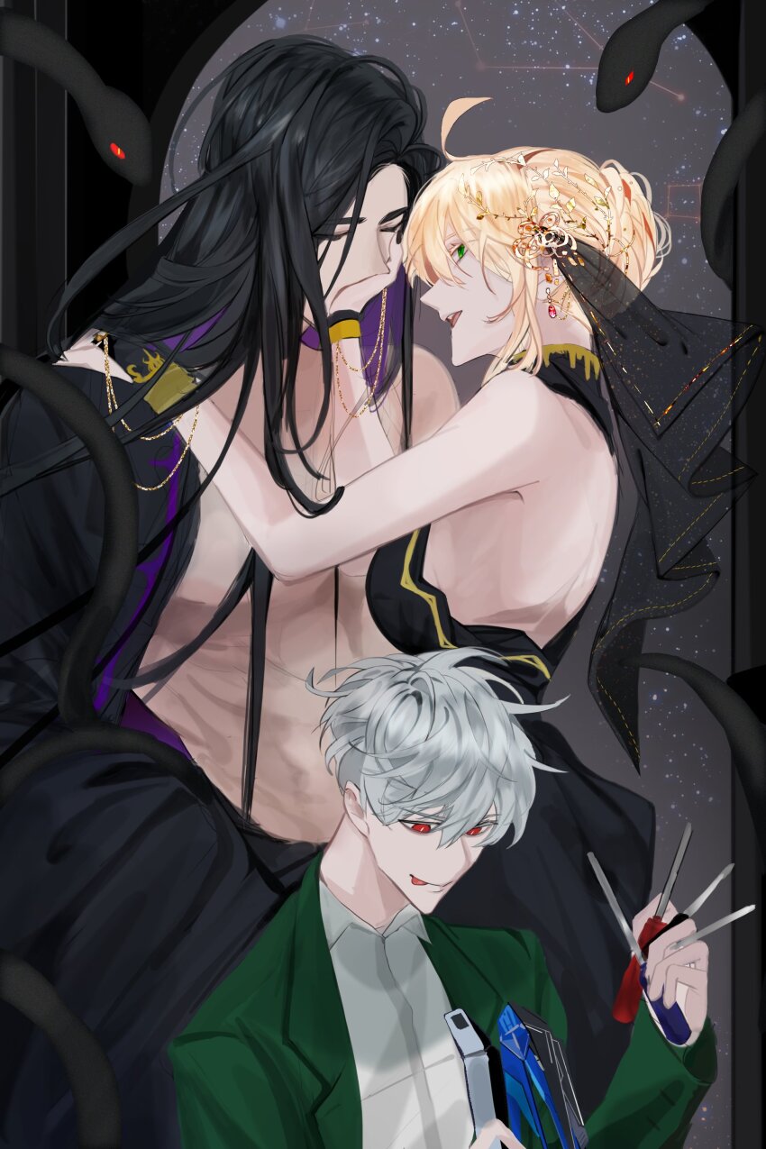 1girl, 2boys, :p, absurdres, ahoge, armpits, bangle, black_dress