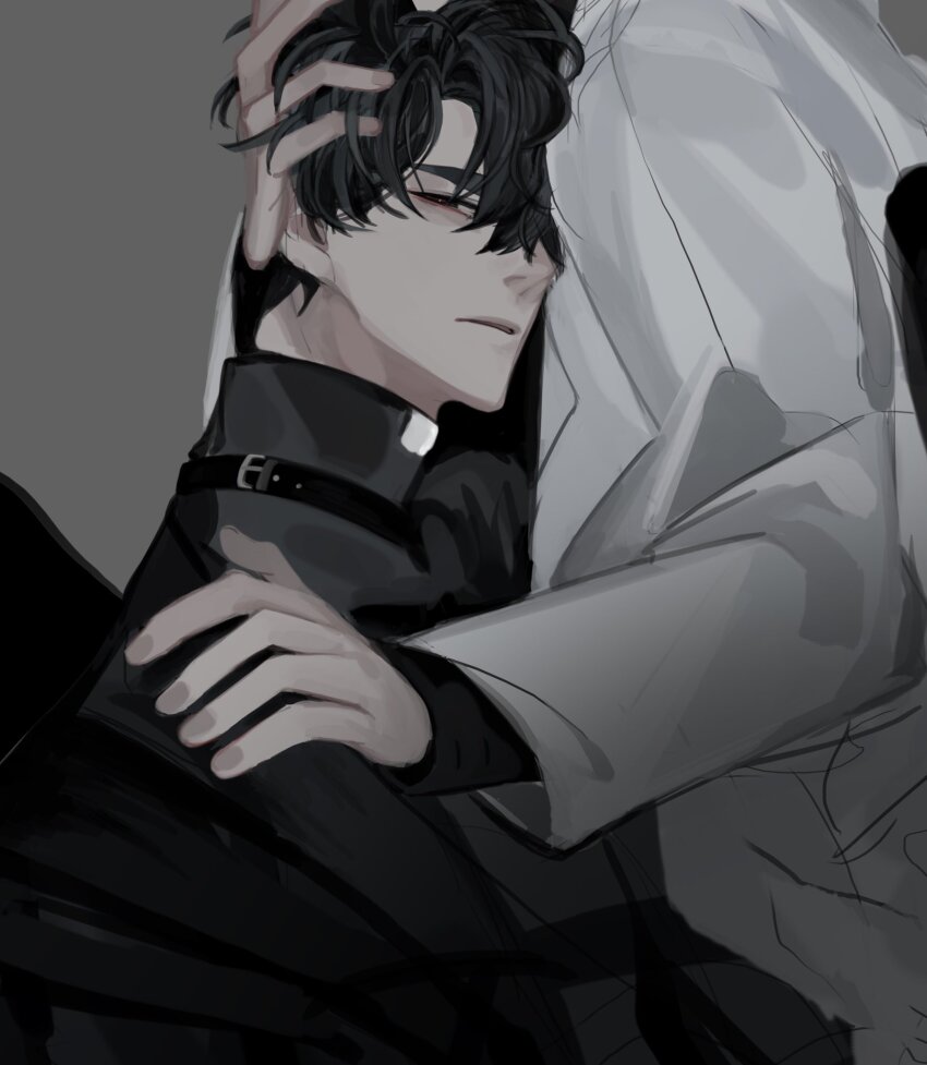 2boys, aegyo_sal, black_coat, black_eyes, black_hair, black_shirt, coat, collared_shirt