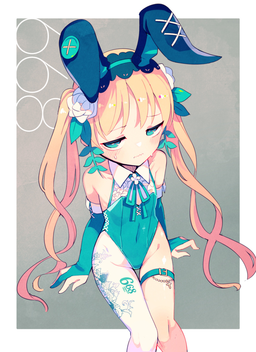 1girl, alternate_costume, animal_ears, arm_support, bare_shoulders, blonde_hair, blush, border, closed_mouth, commentary_request, covered_navel, cross, elbow_gloves, embarrassed, fake_animal_ears, flat_chest, from_above, fuukadia_(narcolepsy), gloves, green_eyes, green_leotard, grey_background, highres, invisible_chair, leg_tattoo, leotard, long_hair, looking_at_viewer, mahou_shoujo_no_majo_saiban, nervous_sweating, outside_border, pantyhose, playboy_bunny, rabbit_ears, single_leg_pantyhose, sitting, solo, strapless, strapless_leotard, sweat, tattoo, thigh_strap, tono_hanna, twintails, wavy_mouth, white_border, white_pantyhose
