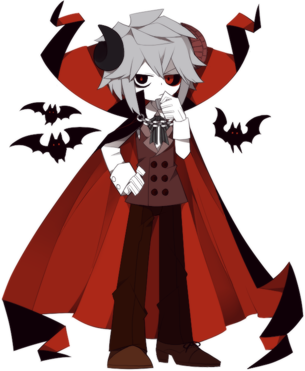 1boy, bat_(animal), black_eyes, black_hood, cape, curved_horns, demon_boy, funamusea