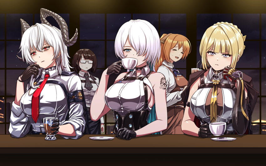 5girls, apron, armband, bare_shoulders, black_armband, black_choker, black_gloves, black_horns