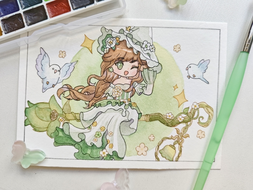 1girl, ambird_(infinity_nikki), animal, art_tools_in_frame, bare_shoulders, bird, broom, broom_riding