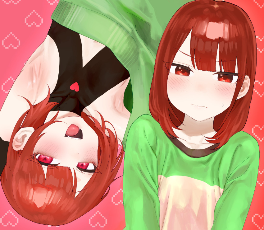 1other, armpits, blush, breasts, chara_(underlust), chara_(undertale), clothing_request, collarbone, commentary_request, dual_persona, embarrassed, eyeshadow, fangs, flat_chest, green_sweater, heart, heart-shaped_pupils, heart_background, heart_soma, highres, loose_clothes, loose_shirt, makeup, medium_breasts, shirt, smile, solo, striped_clothes, striped_sweater, sweatdrop, sweater, symbol-shaped_pupils, tagme, tight_clothes, underlust