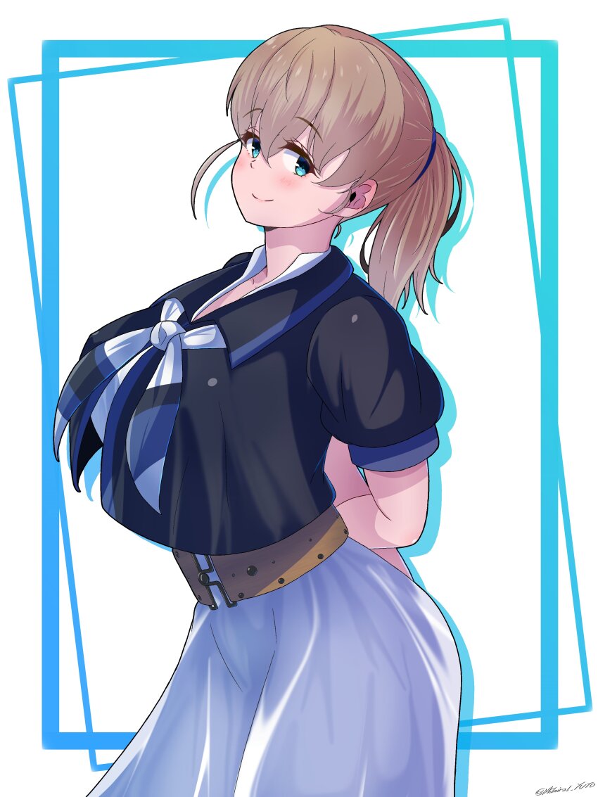 1girl, absurdres, arms_behind_back, belt, black_shirt, blue_eyes, breasts, brown_belt