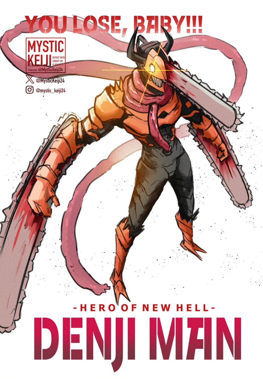 absurdres, blood, bloody_weapon, chainsaw, chainsaw_man, commentary, denji_(chainsaw_man), denji_man_(chainsaw_man)