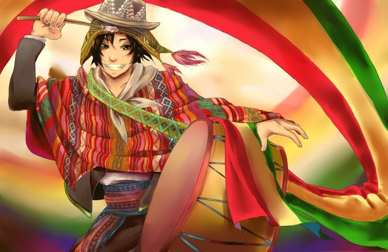 bolivia_(hetalia), brown_eyes, brown_hair, hat, instrument, rainbow, red_shirt, shirt