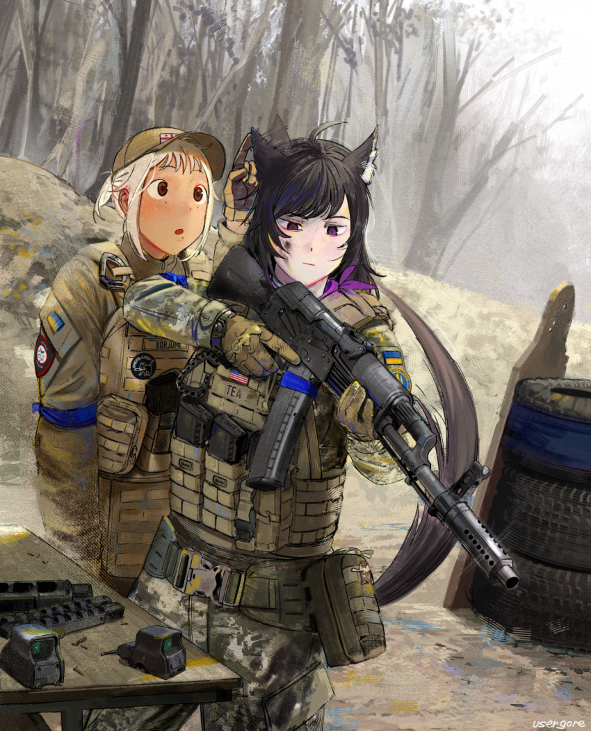 2girls, ak-74, animal_ears, assault_rifle, belt_pouch, black_hair, cat, cat_ears
