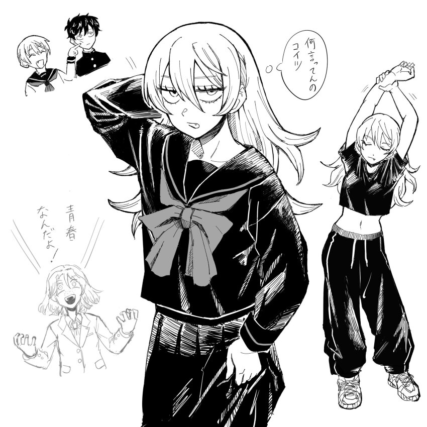 1boy, 2girls, :d, :|, ^_^, akuseru_(greatmaxnacell), annoyed, arms_up, baggy_pants, blazer, bow, bowtie, cheek_poking, closed_eyes, closed_mouth, collared_shirt, commentary, cowboy_shot, crazy_eyes, crop_top, cropped_shirt, fang, full_body, futsuu_no_keion-bu, gakuran, greyscale, hand_on_own_head, high_contrast, highres, jacket, jitome, long_hair, midriff, mizuo_haruichi, monochrome, motion_lines, multiple_girls, multiple_views, navel, necktie, open_mouth, pants, pleated_skirt, poking, sailor_collar, sailor_shirt, scene_reference, school_uniform, serafuku, shirt, short_hair, skirt, smile, speech_bubble, sportswear, stretching, sweatpants, tatsumi_reiha, thought_bubble, tsuru_asaka, u_u