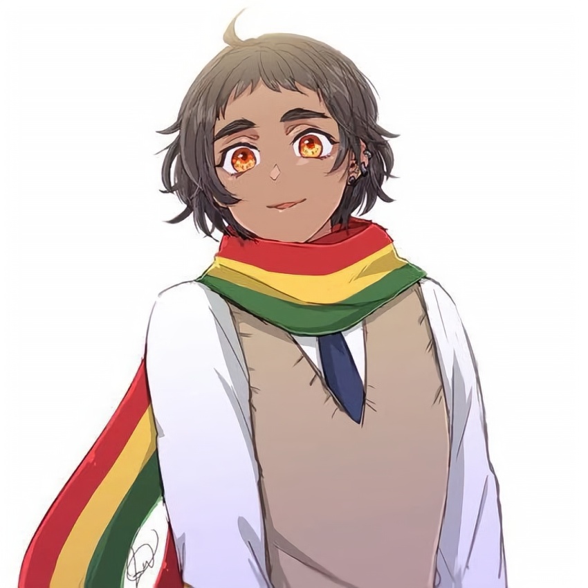 1boy, ahoge, axis_powers_hetalia, bolivia_(hetalia), brown_eyes, brown_hair, dark-skinned_male, dark_skin
