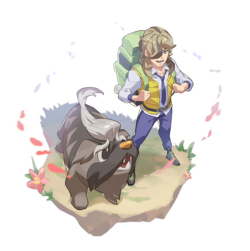 1boy, arms_up, arven_(pokemon), backpack, bag, blue_eyes, brown_hair, collared_shirt, commentary_request, english_text, eyelashes, faux_figurine, hair_over_one_eye, highres, long_hair, long_sleeves, mabosstiff, male_focus, multicolored_hair, necktie, nintendo, one_eye_covered, open_collar, open_mouth, pants, pokemon, pokemon_(creature), pokemon_scarlet_and_violet, purple_necktie, purple_pants, school_uniform, shirt, shoes, smile, talgi, teeth, uva_academy_school_uniform, vest, white_background, white_shirt, yellow_vest