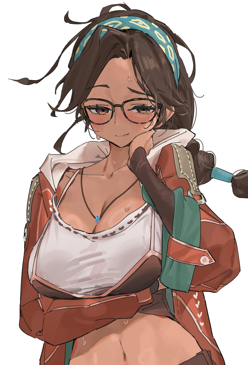 1girl, absurdres, alma_(monster_hunter_wilds), arm_under_breasts, blue_hairband, blush, breasts, brown-framed_eyewear, brown_camisole, brown_eyes, brown_hair, camisole, camisole_over_clothes, cleavage, closed_mouth, collarbone, commentary_request, floating_hair, glasses, hairband, half-closed_eyes, hand_on_own_neck, highres, hood, hood_down, hooded_jacket, huge_breasts, jacket, jewelry, kiyoung_park, korean_commentary, long_hair, long_sleeves, looking_at_viewer, low-tied_long_hair, midriff, monster_hunter_(series), monster_hunter_wilds, navel, necklace, open_clothes, open_jacket, parted_bangs, raised_eyebrow, red_jacket, sagging_breasts, seductive_smile, shirt, simple_background, smile, solo, sweat, taut_clothes, taut_shirt, upper_body, white_background, white_shirt