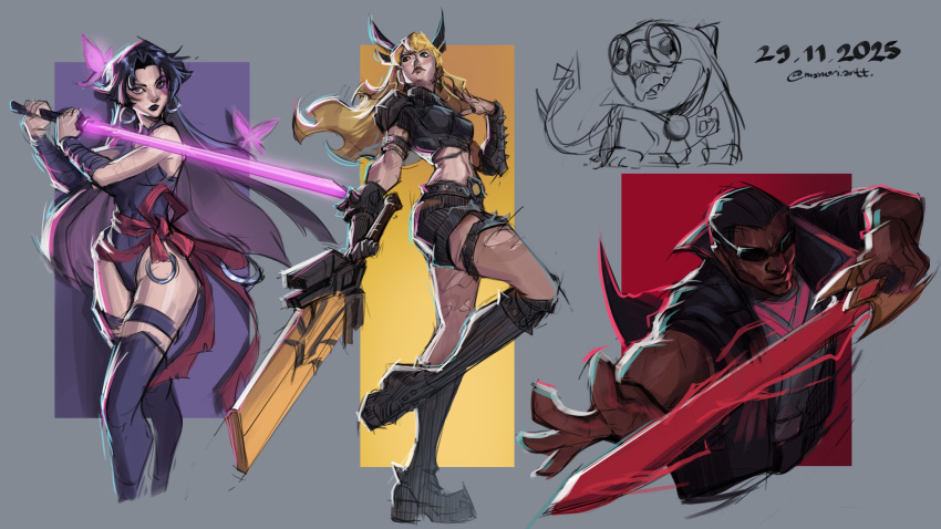 absurdres, black_hair, blade_(marvel), blonde_hair, blue_eyes, breasts, commentary, curvy, english_commentary, gloves, highleg, highleg_leotard, highres, holding, holding_weapon, jeff_(marvel), large_breasts, leotard, long_hair, looking_at_viewer, magik_(x-men), mamoriartt, marvel, marvel_rivals, psylocke, psylocke_(vengeance), shark, smile, superhero_costume, thighhighs, weapon, wide_hips, x-men