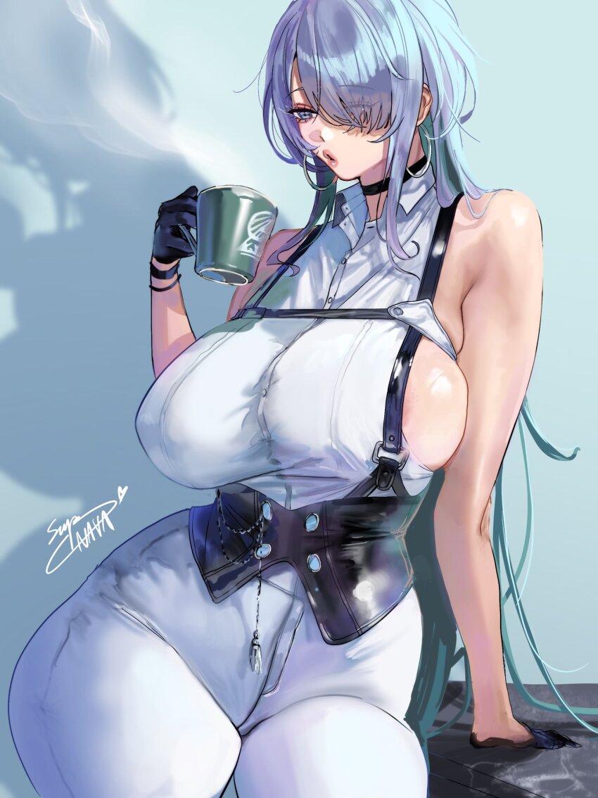 1girl, arm_support, bare_shoulders, black_choker, black_corset, black_gloves, blue_eyes, breasts