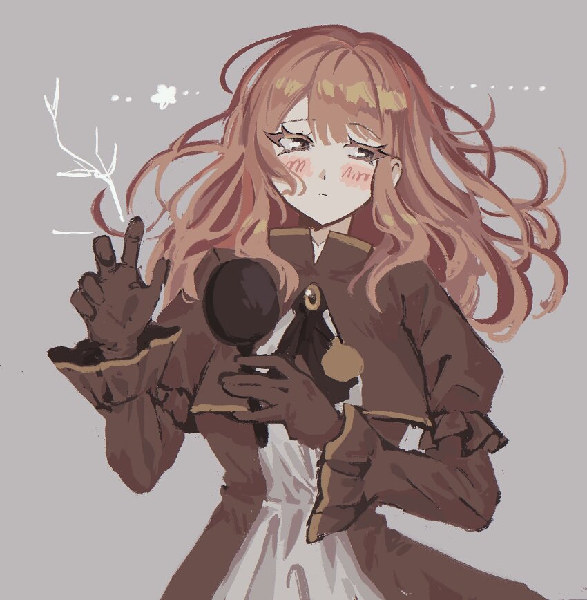 1girl, ascot, brooch, brown_ascot, brown_dress, brown_eyes, brown_gloves, brown_hair