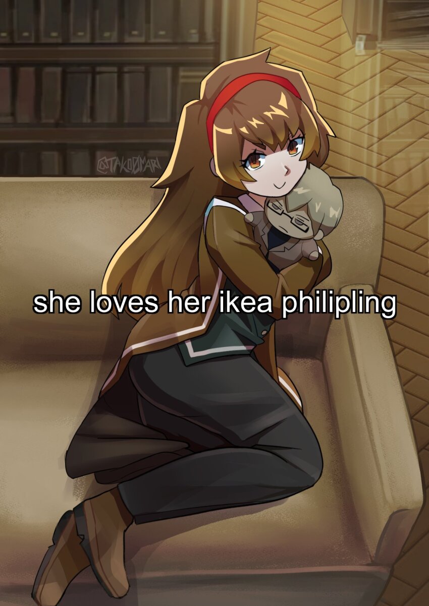 1girl, black_pants, bookshelf, brown_eyes, brown_hair, brown_jacket, brown_shoes, character_doll, closed_mouth, commentary, doll, english_commentary, hairband, highres, indoors, jacket, library, library_of_ruina, long_hair, looking_at_viewer, malkuth_(project_moon), pants, philip_(project_moon), project_moon, red_hairband, shoes, smile, tako0mari, wooden_floor