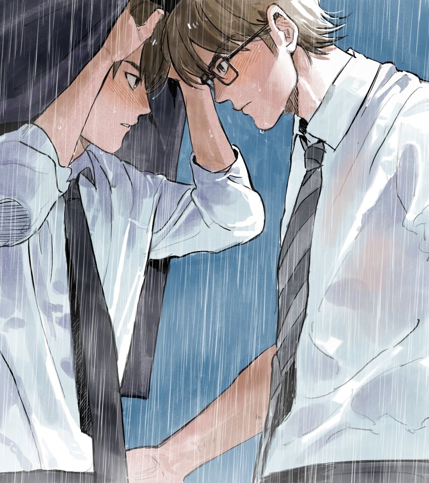 2boys, absurdres, ace_of_diamond, black-framed_eyewear, black_necktie, black_pants, blush, brown_hair