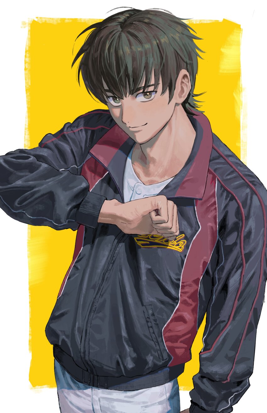 1boy, absurdres, ace_of_diamond, border, brown_eyes, brown_hair, cleaned, clenched_hand, closed_mouth, commentary_request, highres, jacket, korean_commentary, light_smile, looking_at_viewer, male_focus, outside_border, owwellowww, pants, partially_unzipped, sawamura_eijun, seidou_high_school_jacket, short_hair, simple_background, solo, white_border, white_pants, zipper