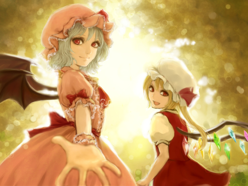 2girls, :d, ascot, backlighting, bad_id, bad_pixiv_id, bat_wings, blonde_hair