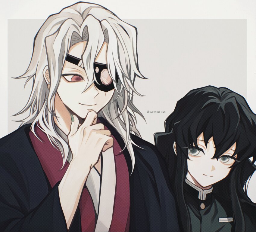 2boys, black_haori, black_jacket, closed_mouth, eyepatch, fingernails, green_nails, hair_between_eyes