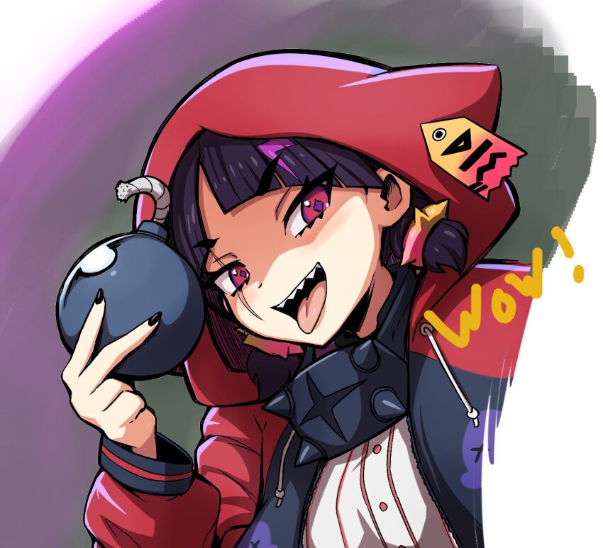 1girl, black_hair, black_nails, blunt_bangs, bomb, commentary, coqui_saporana, diamond-shaped_pupils