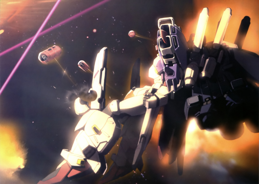 artist_request, battle, beam_cannon, cable, energy_beam, gundam, gundam_sentinel, highres