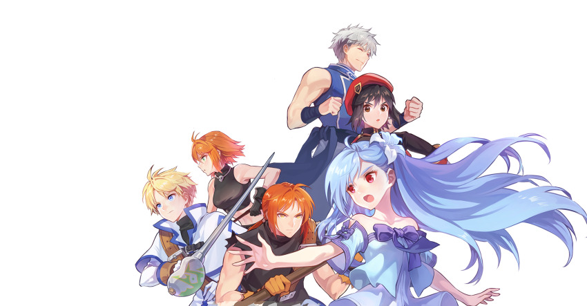 3boys, 3girls, ahoge, alpha_transparency, artist_request, asymmetrical_bangs, baggy_pants, bare_arms, bare_shoulders, belt, belt_buckle, benya_(tales_weaver), beret, black_belt, black_hair, black_shirt, black_shorts, black_sleeves, blonde_hair, blue_eyes, blue_hair, blue_jacket, blue_shirt, blue_sleeves, blush, bow, breasts, brown_eyes, buckle, capelet, capelet_belt, clenched_hand, closed_eyes, closed_mouth, coat, collarbone, crop_top, cropped_shirt, detached_sleeves, flower, gloves, grey_hair, hair_between_eyes, hat, highres, holding, holding_polearm, holding_weapon, holding_whip, isaac_ducastel, jacket, jewelry, large_breasts, lily_(flower), long_hair, long_sleeves, lucian_kaltz, mila_nebraska, multiple_boys, multiple_girls, muscular, muscular_male, necklace, nexon, official_art, open_mouth, orange_gloves, orange_hair, pants, polearm, purple_bow, red_eyes, red_hat, saber_(weapon), second-party_source, shirt, shirt_bow, short_sleeves, shorts, shoulder_belt, simple_background, sivelin_uuo, skull_necklace, sleeve_bow, sleeve_cuffs, sleeveless, sleeveless_shirt, strapless, strapless_shirt, sword, tales_weaver, torn_clothes, torn_shirt, transparent_background, turtleneck, turtleneck_shirt, upper_body, very_long_hair, weapon, white_capelet, white_coat, white_gloves, white_lily, white_pants, white_sleeves, wide_sleeves, wing_collar, wristband
