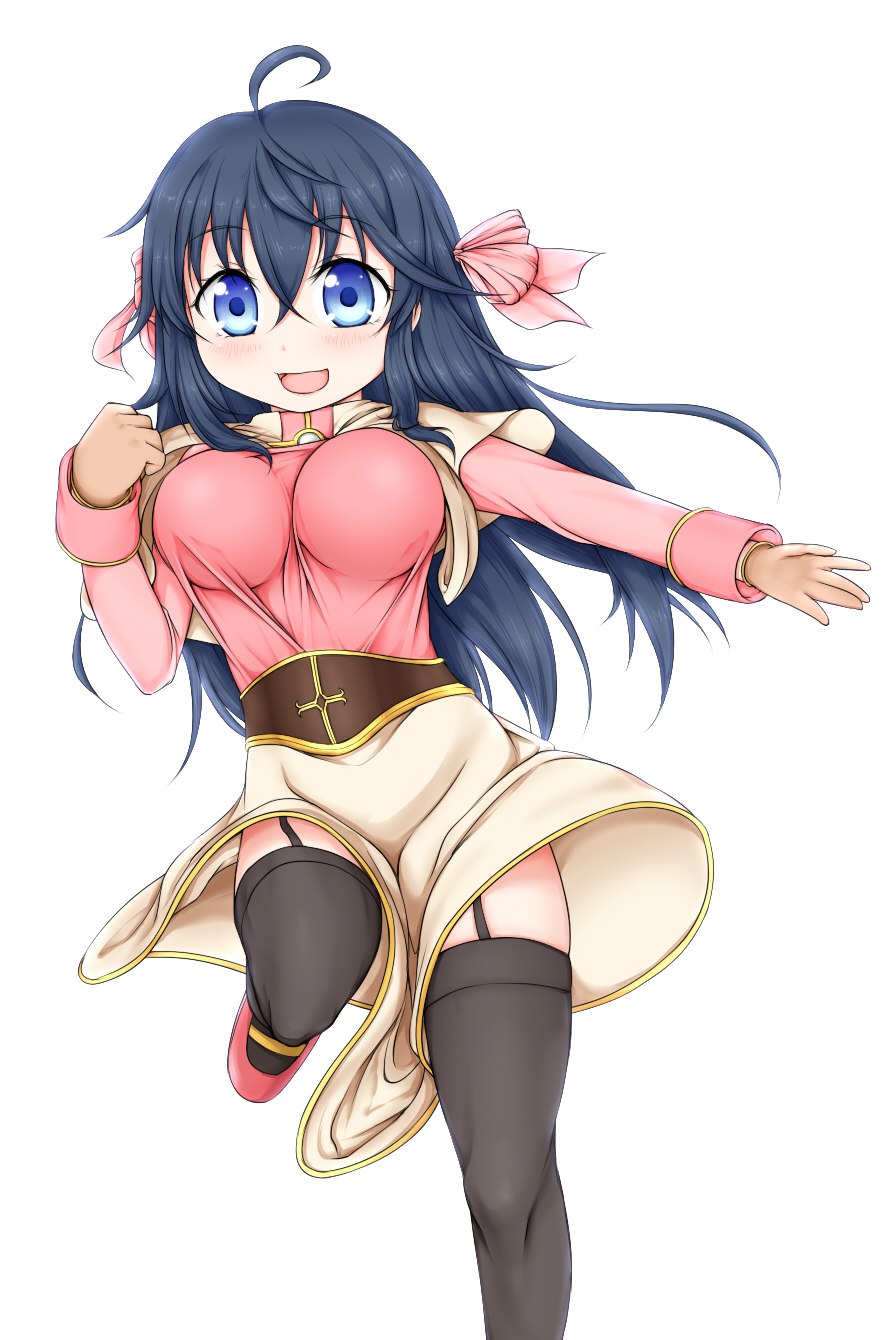 1girl, acolyte_(ragnarok_online), acolyte_(ragnarok_online)_(cosplay), ahoge, black_hair, black_thighhighs, blue_eyes, blush
