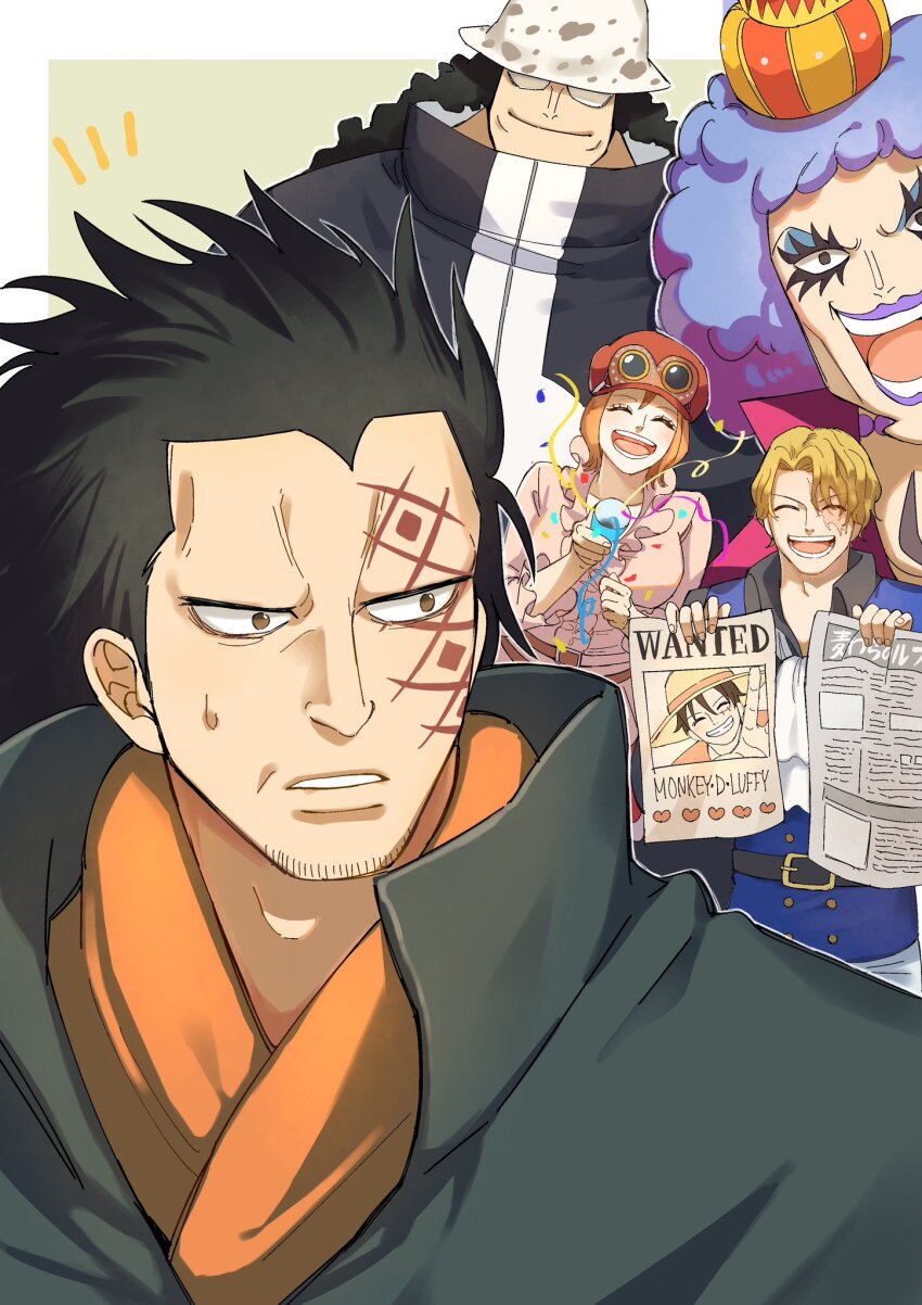 1girl, 4boys, ^_^, ascot, bartholomew_kuma, beard, black_hair, closed_eyes