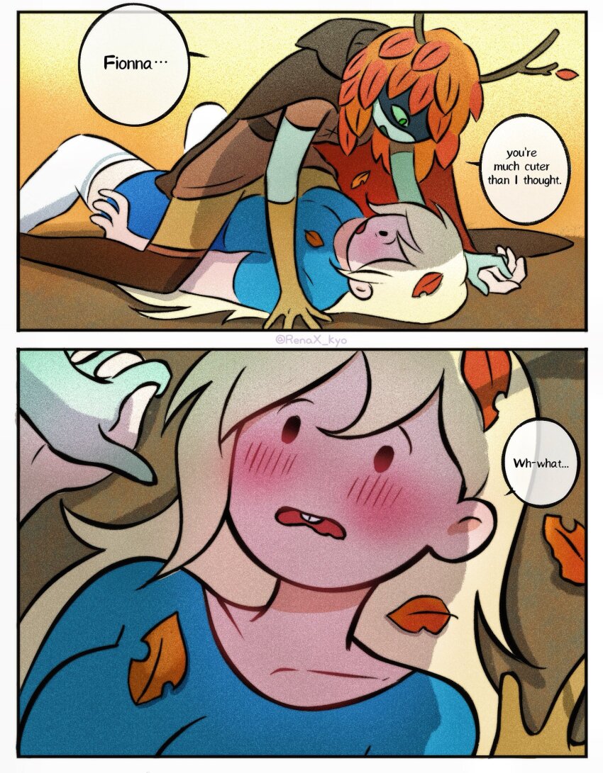 2girls, adventure_time, adventure_time:_fionna_and_cake, artist_request, blonde_hair, branch_horns, fionna_campbell, highres, huntress_wizard, leaf, leaf_on_head, multiple_girls, yuri