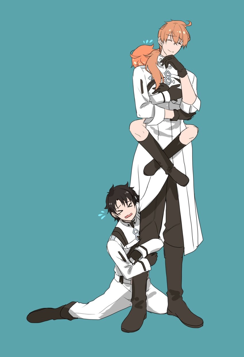 >_<, 1girl, 2boys, ahoge, alternate_costume, black_gloves, black_hair, black_pants