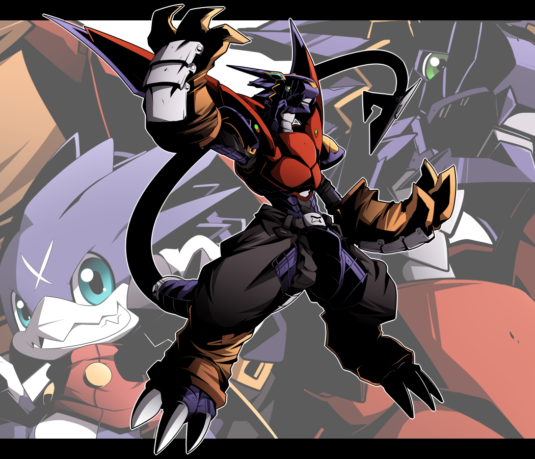 aqua_eyes, arresterdramon, claws, digimon, digimon_(creature), digimon_xros_wars, gauntlets, green_eyes, grin, gumdramon, letterboxed, mori_no_kaeru, no_humans, panties, smile, tail, underwear, zoom_layer