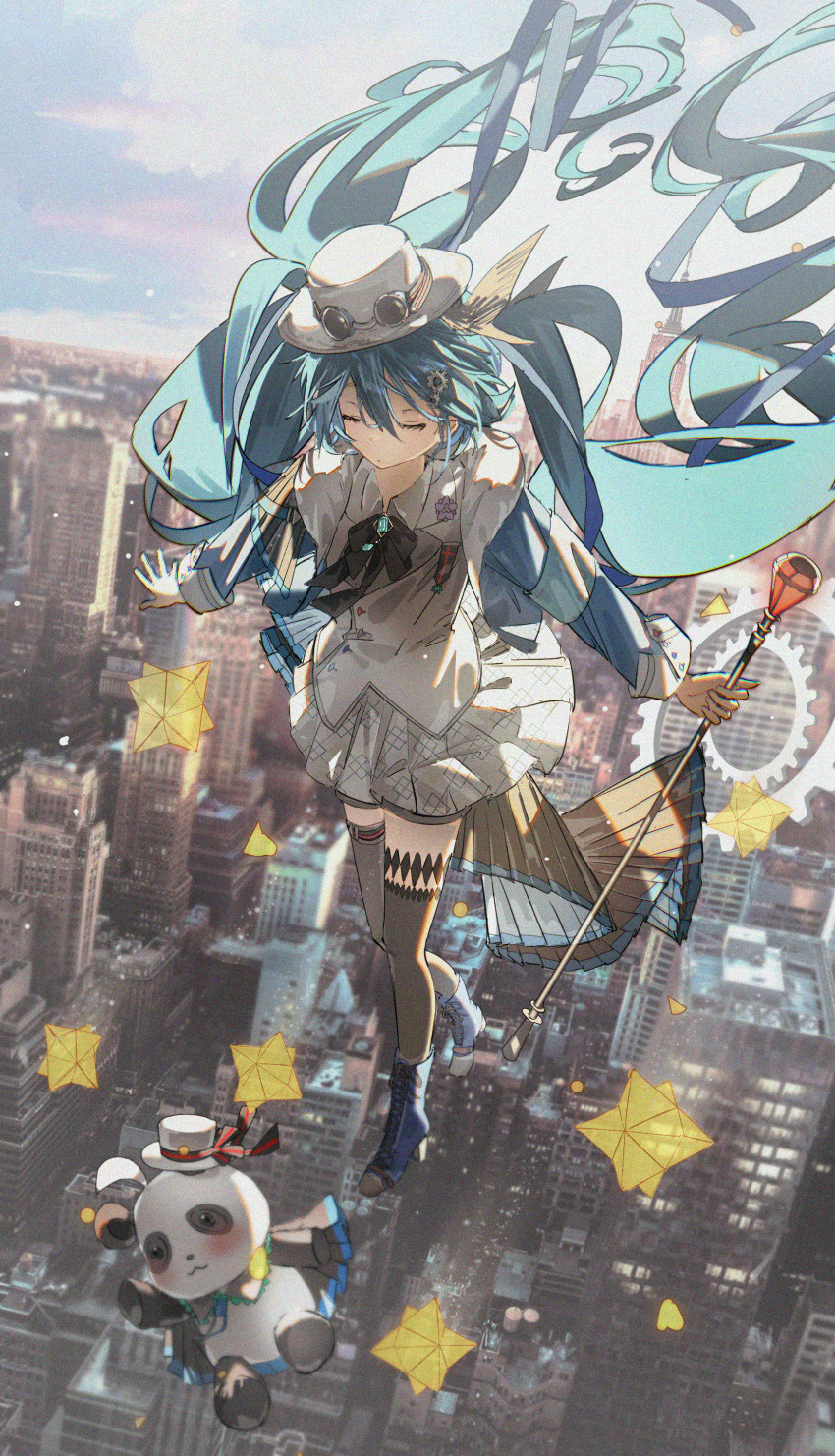 1girl, absurdres, adversarial_noise, aqua_hair, arms_at_sides, blue_shirt, blue_shoes, brown_thighhighs