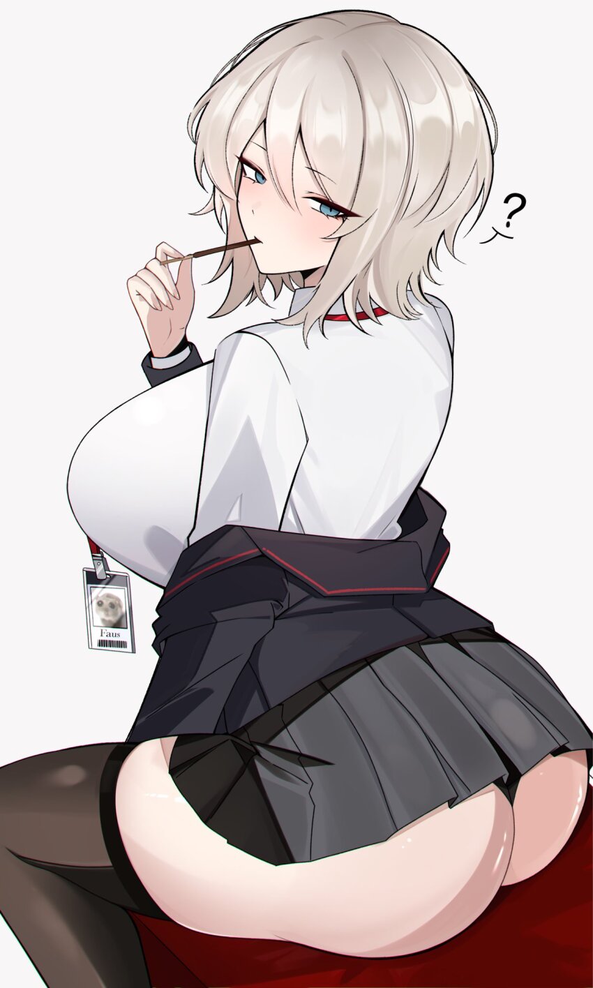 1girl, ?, ass, black_coat, black_pantyhose, black_thighhighs, blue_eyes, breasts, coat, commentary, faust_(project_moon), food, food_in_mouth, from_behind, grey_hair, grey_skirt, highres, huge_breasts, id_card, limbus_company, m_ayonessa, pantyhose, pleated_skirt, pocky, pocky_in_mouth, project_moon, school_uniform, shirt, short_hair, simple_background, sitting, skirt, solo, thighhighs, white_background, white_shirt