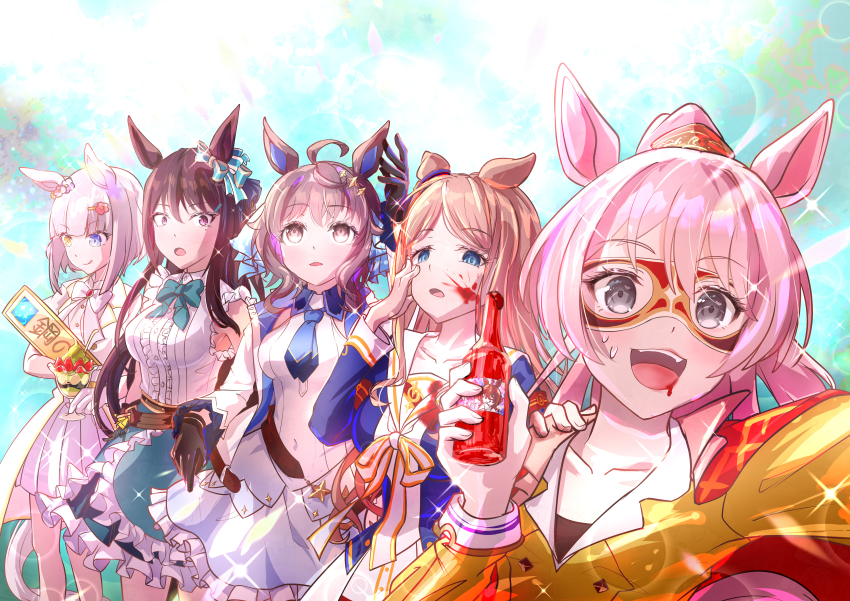 5girls, absurdres, ahoge, animal_ears, aqua_bow, armband, bang_dream!, bang_dream!_it's_mygo!!!!!