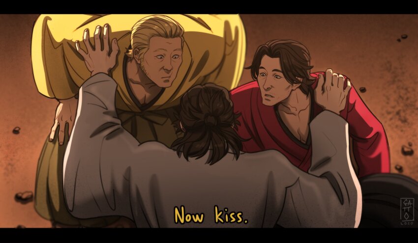 3boys, akiyama_shun, black_hair, blonde_hair, brown_hair, fate/grand_order, fate_(series), goda_ryuji, hakama, half_updo, highres, imminent_kiss, japanese_clothes, katsura_kogorou_(ishin), kimono, kiryu_kazuma, male_focus, multiple_boys, ryuu_ga_gotoku_(series), ryuu_ga_gotoku_ishin!, saigou_kichinosuke_(ishin), sakamoto_ryouma_(ishin), sideburns, surprised, teppn_(gattobamboom), yaoi