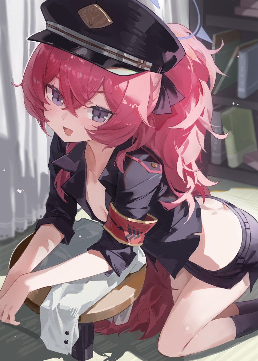 1girl, absurdres, alternate_hairstyle, ankle_socks, armband, black_hat, black_skirt, black_socks, blue_archive, blush, book, bookshelf, breasts, cleavage, collarbone, crossed_bangs, curtains, double-parted_bangs, fang5hine, grey_eyes, hair_between_eyes, hair_over_shoulder, halo, hat, highres, indoors, iroha_(blue_archive), jacket, kneeling, leaning_forward, long_hair, looking_at_viewer, messy_hair, midriff, military_hat, military_jacket, miniskirt, open_mouth, peaked_cap, plain_epaulettes, ponytail, red_armband, red_hair, shirt, side_slit, sidelocks, skirt, sleeves_rolled_up, smile, socks, solo, unworn_shirt, very_long_hair, white_shirt