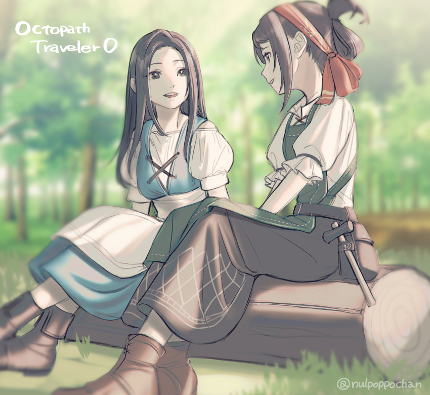 2girls, artist_name, black_hair, blurry, blurry_background, boots, brown_boots, brown_hair, character_request, commentary_request, copyright_name, dress, folded_ponytail, highres, long_hair, looking_at_another, multiple_girls, nulpoppochan, octopath_traveler, octopath_traveler_0, open_mouth, outdoors, ponytail, pouch, short_sleeves, sidelocks, sitting, sitting_on_log, smile, stia_(octopath_traveler), teeth, twitter_username, upper_teeth_only