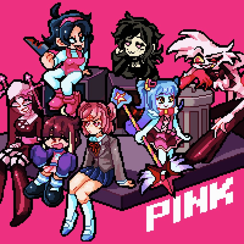 1boy, 6+girls, 9aaaalt29, :3, :d, :p, ^_^, ahoge, angel_dust, ankle_boots, arm_support, arms_at_sides, ashley_graves, bare_arms, belt, black_boots, black_bow, black_bowtie, black_choker, black_dress, black_hair, black_sclera, black_shirt, black_shoes, black_veil, blank_eyes, blazer, blonde_hair, blood, bloody_knife, blue_hair, blue_skirt, blue_socks, blunt_bangs, boots, bow, bowtie, breasts, bright_pupils, brown_hair, choker, closed_eyes, closed_mouth, collared_shirt, color_connection, colored_sclera, colored_skin, commentary, cross-laced_clothes, cross-laced_dress, cross_hat_ornament, crossover, doki_doki_literature_club, doki_doki_literature_club_school_uniform, dress, elbow_gloves, english_text, extra_arms, fewer_digits, friday_night_funkin', full_body, furry, furry_male, garter_straps, gloves, gold_teeth, grey_jacket, grin, hair_ornament, hairband, hand_on_own_cheek, hand_on_own_face, hand_on_own_knee, hazbin_hotel, heart, heart_hair_ornament, hellaverse, high_heel_boots, high_heels, highres, holding, holding_knife, holding_wand, jacket, knee_boots, kneehighs, knees_together_feet_apart, knife, layered_sleeves, leaning_forward, lobotomy_corporation, long_hair, long_sleeves, looking_ahead, looking_at_another, looking_at_viewer, low_ponytail, medium_hair, mid-fight_masses, miniskirt, mismatched_sclera, multicolored_hair, multiple_crossover, multiple_girls, natsuki_(doki_doki_literature_club), neck_ribbon, nene_(newgrounds), nun, o-ring, o-ring_choker, open_mouth, overall_shorts, overalls, pantyhose, pico_(newgrounds_series), pink_background, pink_belt, pink_boots, pink_bow, pink_bowtie, pink_dress, pink_eyes, pink_hair, pink_hairband, pink_overalls, pink_shirt, pink_skirt, pink_theme, pixel_art, pleated_skirt, ponytail, project_moon, puffy_long_sleeves, puffy_sleeves, purple_sleeves, qt_(friday_night_funkin'), queen_of_hatred, raised_eyebrow, red_eyes, red_gloves, red_ribbon, ribbon, sarvente_(mid-fight_masses), school_uniform, shadow, shirt, shoes, short_dress, short_hair, simple_background, sitting, skirt, sleeves_past_fingers, sleeves_past_wrists, small_breasts, smile, socks, speaker, standing, star_wand, streaked_hair, striped_clothes, striped_socks, swept_bangs, the_coffin_of_andy_and_leyley, thigh_boots, tongue, tongue_out, traditional_bowtie, trash_can, two-tone_hair, two-tone_socks, two_side_up, uneven_eyes, untranslatable_commentary, uwabaki, veil, very_long_hair, wand, white_fur, white_pantyhose, white_pupils, white_shirt, white_shoes, white_skin, white_socks, x_hair_ornament, yellow_eyes, yellow_sclera