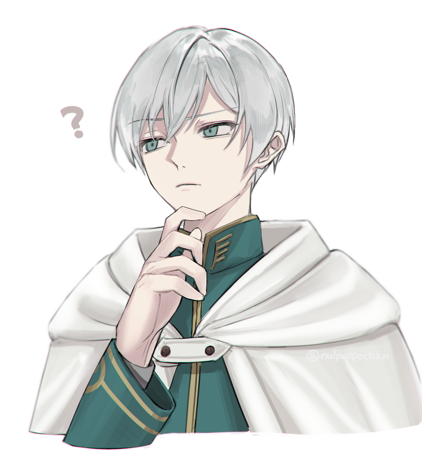 1boy, ?, arm_up, blue_eyes, closed_mouth, commentary_request, grey_hair, highres, male_focus, nulpoppochan, octopath_traveler, octopath_traveler_ii, robe, short_hair, solo, temenos_mistral, thinking, upper_body, white_robe